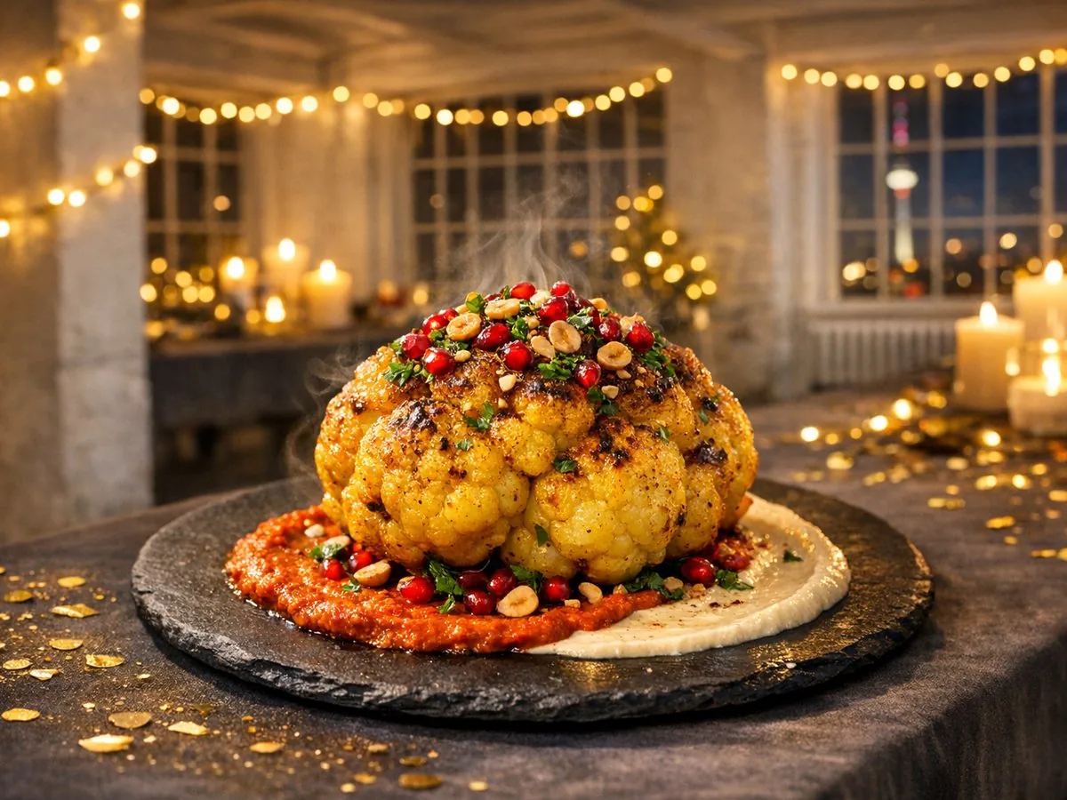 Im Ganzen gerösteter Blumenkohl mit Granatapfel und Haselnüssen