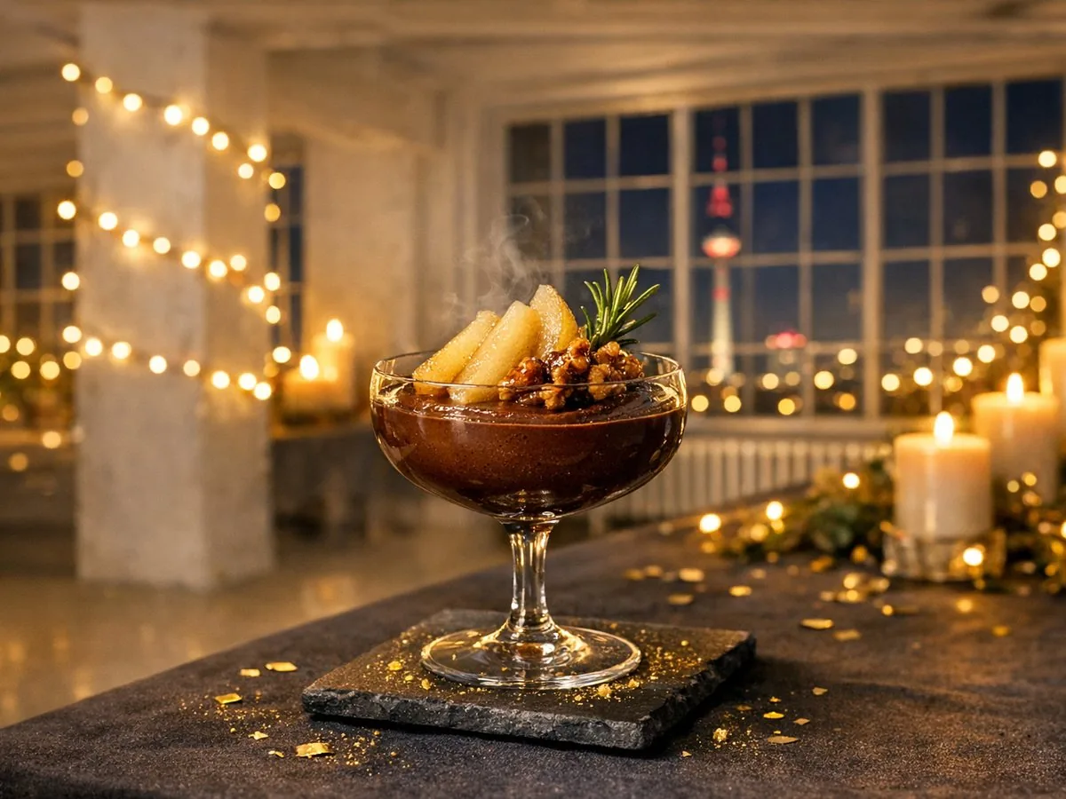 Veganes Schokoladenmousse mit Rosmarin-Birne und kandierter Walnuss
